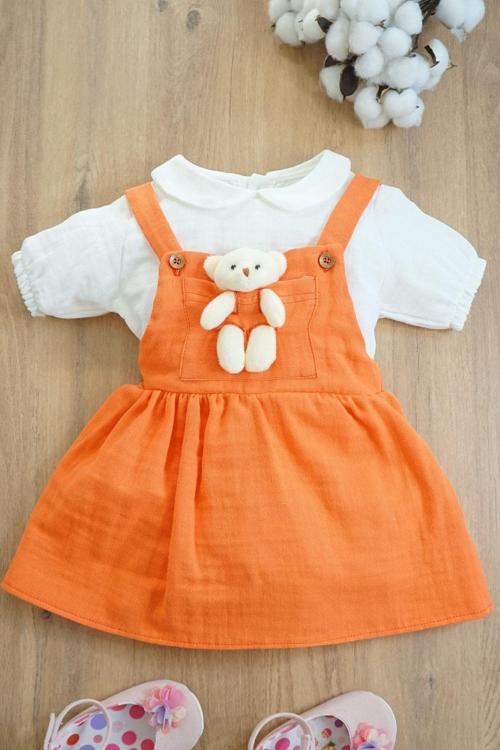 Kız Bebek Ve Çocuk Müslin Kumaş Salopetli Ayıcıklı Elbise