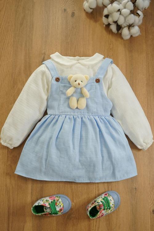 Kız Bebek Ve Çocuk Elbise Müslin Kumaş Ayıcıklı Ikili Takım