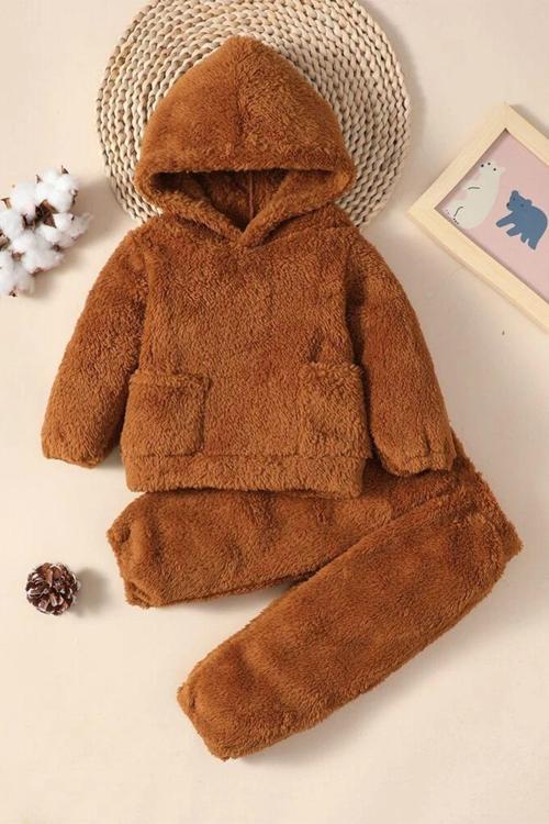 Kız Erkek Bebek Peluş Çocuk Kapüşonlu Takım