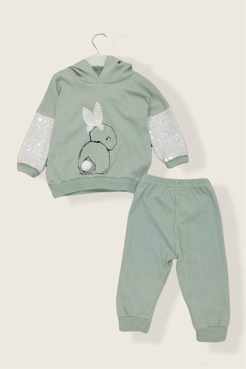 Kız Bebek Mint Yeşil Pullu Tavşancık Desenli Ikili Takım