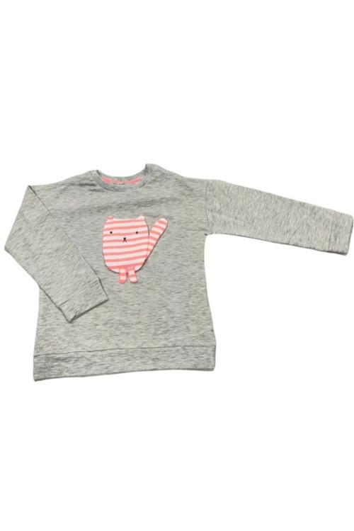 Kız Çocuk Gri Kedicik Kabartma Desenli Rahat Sweatshirt