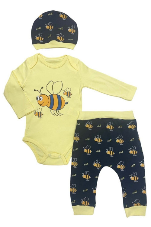 Bereli Kız & Erkek Bebek Sarı Uzun Kollu Çıtçıtlı Arıcık Desenli Üç Parça Bebek Takımı