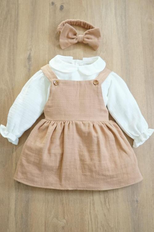 Kız Bebek Ve Çocuk Elbisesi Müslin Kumaş Üçlü Takım
