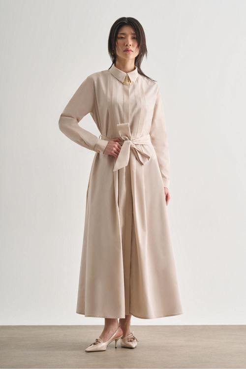 Premium Saf Pamuk Taş Rengi Piliseli Uzun Elbise