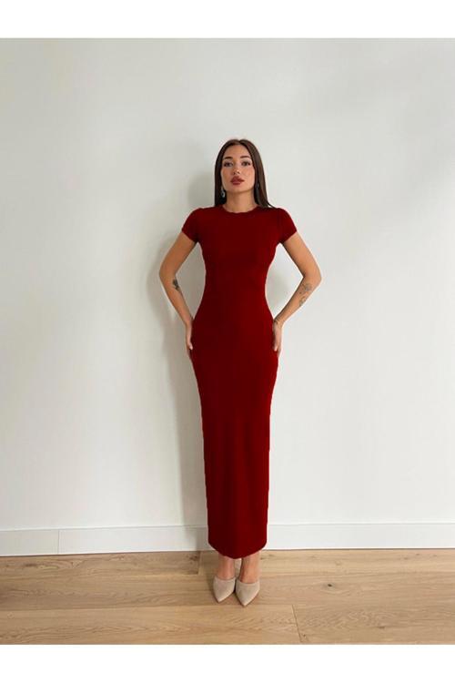 Kadın Bordo Renk Bisiklet Yaka Kısa Kol Fitilli Kaşkorse Kumaş Kalem Elbise Boy 135 Cm