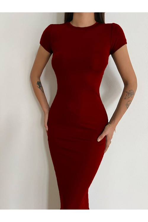 Kadın Bordo Renk Kaşkorse Kumaş Bisiklet Yaka Elbise Boy 135 Cm