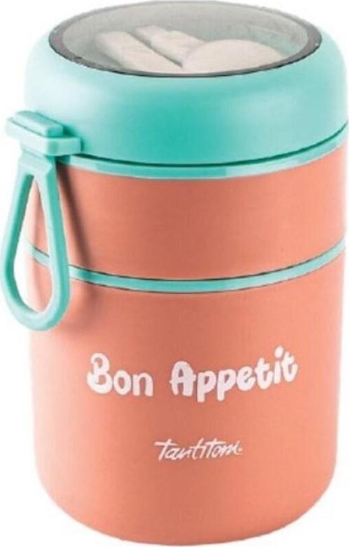 Pembe Paslanmaz Çelik Yuvarlak 2 Katlı Pembe-Yeşil Plastik Kaşıklı Yemek Taşıma Kabı 710Ml