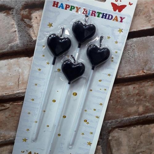 4 Adet Siyah Kalpli Pasta Mumu Kalpli Doğum Günü Pasta Mumu Siyah Pasta Mumu Kalpli Mum Black Candle