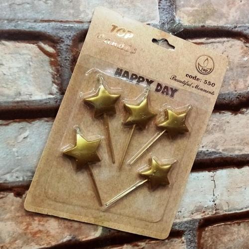 Vıp Gold Star Happy Bırthday Candle 5 Adet Metalik Gold Yıldızlı Pasta Mumu Yıldız Doğum Günü Mumu