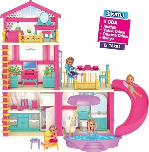 3 Katlı Mutfak Banyo Yatak Odası Oturma Odası Teras Oyun Evi Oyuncak Tatil Evi Eğitici Oyuncak Ev