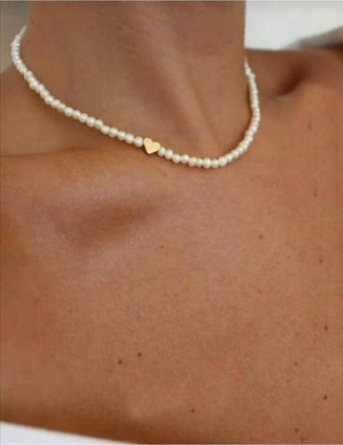 Altın Renk Kalpli Inci Kolye - 2109