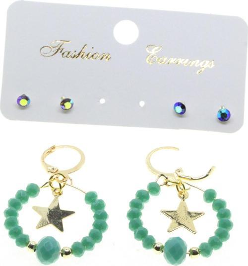 Altın Renk Yuvarlak Yıldız Kombin Yeşil Boncuk Küpe - 2865