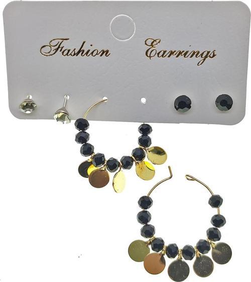 Altın Renk siyah Boncuk Yuvarlak Pullu Şık Sallantılı El İşi Kombin Küpe - 2221