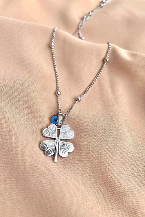 Gümüş Renk 4 Yapraklı Yonca Arpa Zincir Kolye - 2402