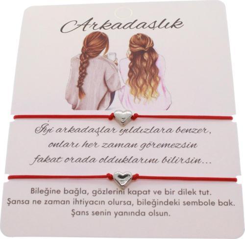 Gümüş Renk Kırmızı İp Kalp Arkadaş  Bilekliği - 1606