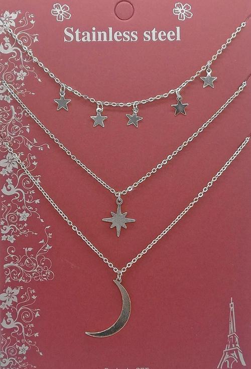 Gümüş Renk Kutup Yıldızı Ve Hilal Figürlü Çok Katmanlı Kombin Kolye 960