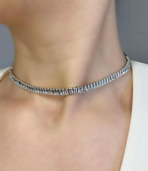 Gümüş Renk Zirkon Baget Taşlı Choker Kolye - 2115