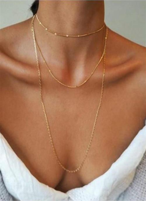 Kadın Üçlü Şeri Zincir Kolye Gold Kaplama Katmanlı Kolye Choker Uzun Çoklu Kolye - 80