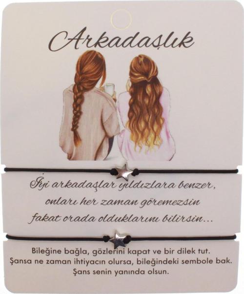 Gümüş Renk Siyah İp Yıldız Arkadaş  Bilekliği - 1601