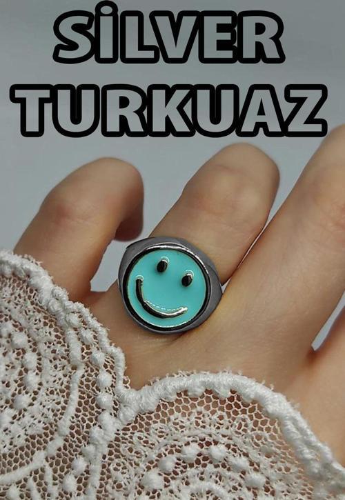 Gümüş Renk Turkuaz  Mineli Gülen Surat Yüzük Ayarlanabilir Her Parmağa Olur  - 2298
