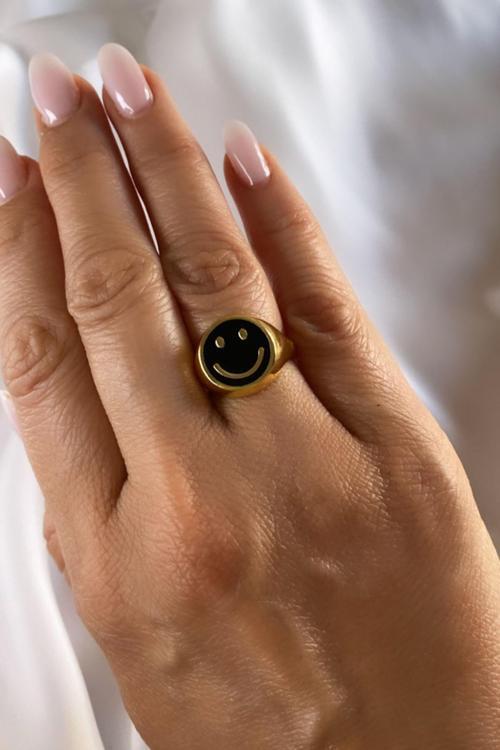 Siyah Renk Ayarlanabilir Gülen Yüz Şövalye Yüzük - 432