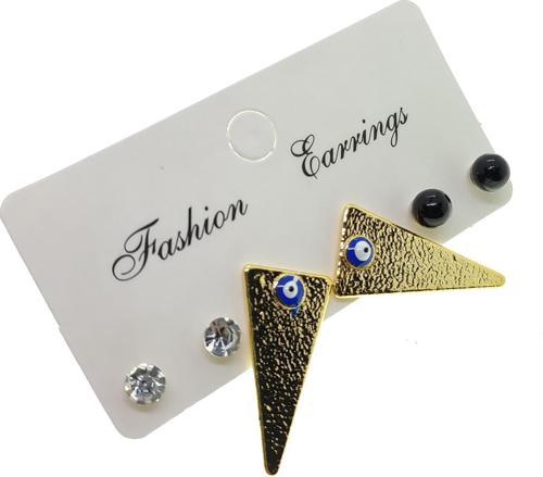 Altın Renk Üçgen Model Göz Nazar Mineli Kombin Küpe - 2157