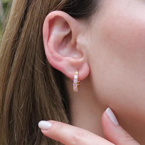 Pembe Zirkon Taşlı Gold Kaplama Halka Gümüş Küpe