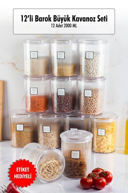 12li Barok Yuvarlak Büyük Kavanoz Seti & Saklama Kabı & Erzak Kabı (12*2000 ML)