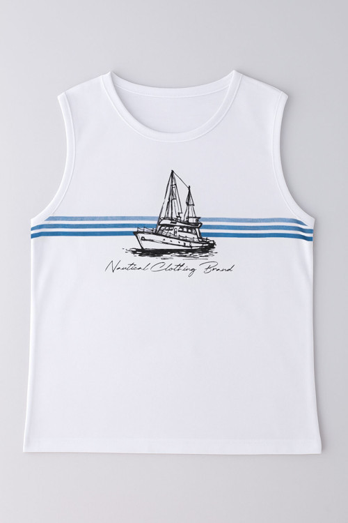 Erkek Gemi Baskılı %100 Pamuk Kolsuz T-shirt