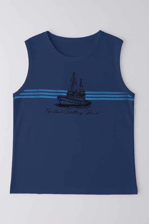 Erkek Gemi Baskılı %100 Pamuk Kolsuz T-shirt
