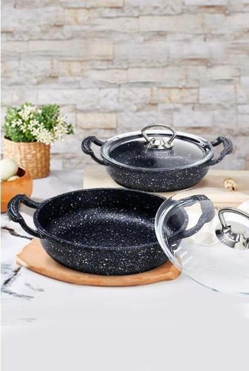 Döküm Granit 4 Parça Kapaklı Sahan Set 18-22 cm Siyah