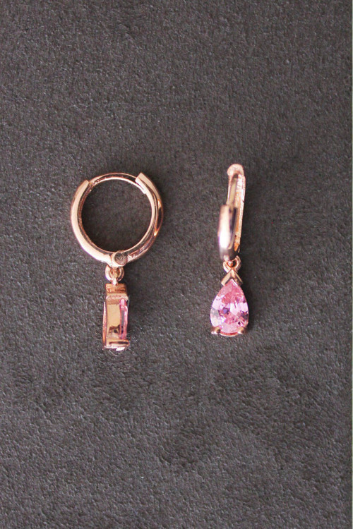 Kadın Pembe Damla Taşlı Rose Gümüş Küpe Tgp0071