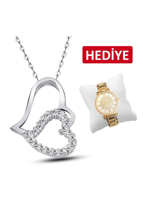 Altın Kaplamalı Gümüş Çift Kalp Kolye (Gk00173)