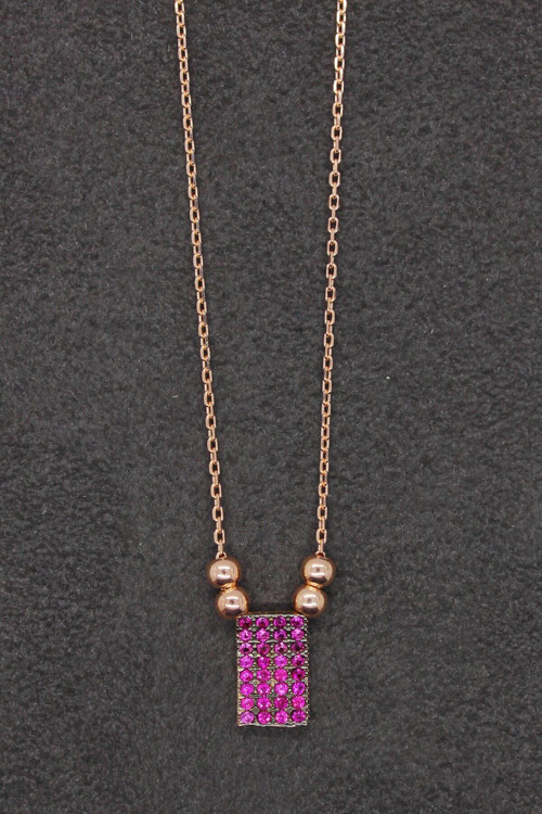 Kadın Kırmızı Dörtgen Rose Gümüş Kolye Tgk0142