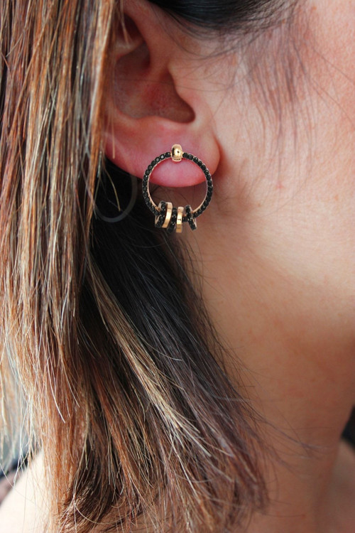 Siyah Taşlı Sallantılı Roz Halka Gümüş Küpe (Tgp0221)