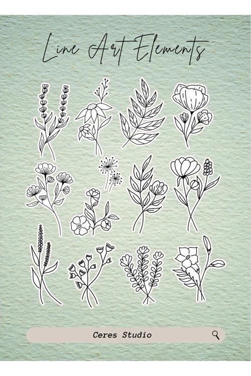 Lineart Elements Flower Çiçek Tema Sticker Etiket 2 Sayfa 35 Adet Etiket
