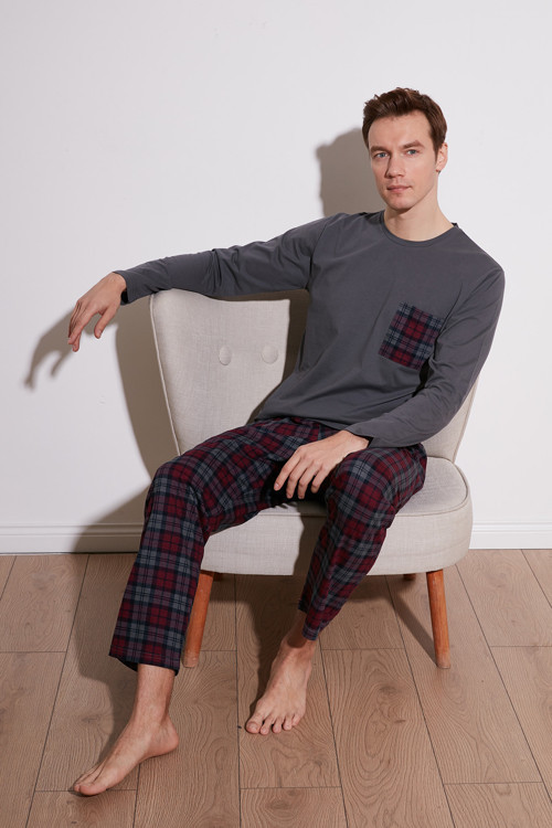 Ekoseli Cepli Beli Lastikli % 100 Pamuk Regular Fit Erkek Pijama Takımı 6572001 ANTRASİT
