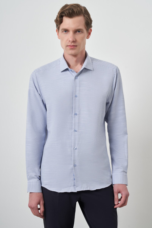 Erkek Mavi Slim Fit İtalyan Yaka Gömlek