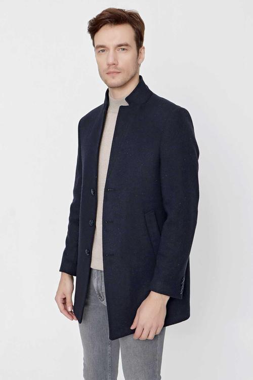 Erkek Lacivert Balıksırtı Desen Dynamic Fit Rahat Kesim Hakim Yaka Kaban