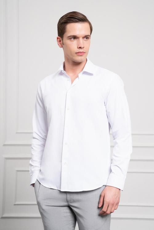  Erkek Beyaz Slim Fit Dar Kesim Sert Spor Yaka Gömlek