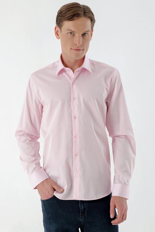  Erkek Pembe Pamuk Saten Düz Desen Slim Fit Gömlek