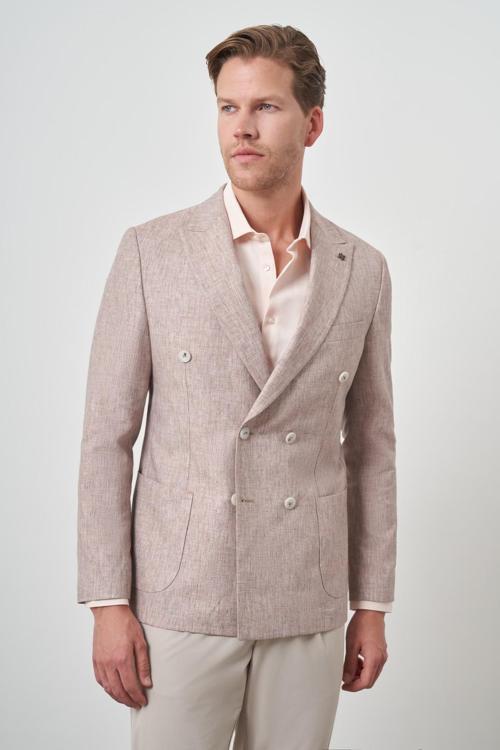  Erkek Kiremit Keten Kruvaze Desenli Slim Fit Sivri Yaka Ceket