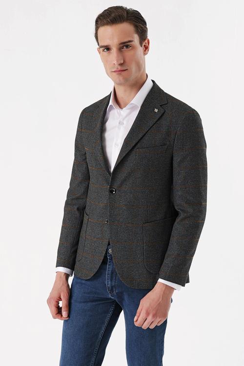  Erkek Füme Ekoseli Dokuma Slim Fit Dar Kesim Torba Cep Ceket