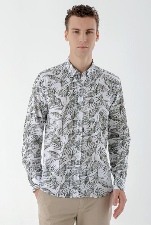  Erkek Yeşil Pamuk Baskılı Desen Slim Fit Gömlek