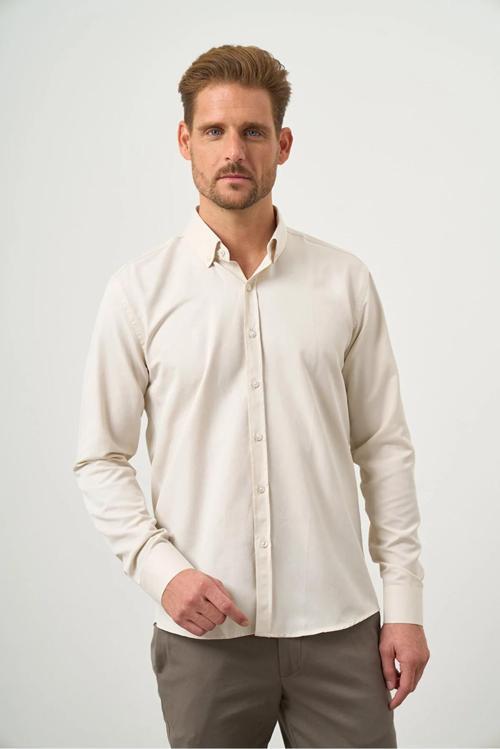  Erkek Kremrengi Slim Fit Düğmeli Yaka Gömlek