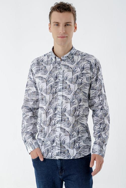  Erkek Lacivert Pamuk Baskılı Desen Slim Fit Gömlek