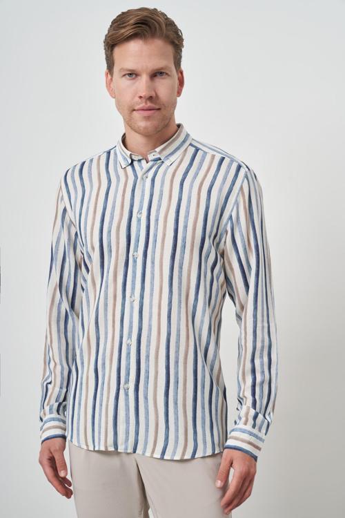  Erkek İndigo Keten Çizgili Desen Düğmeli Yaka Slim Fit Gömlek