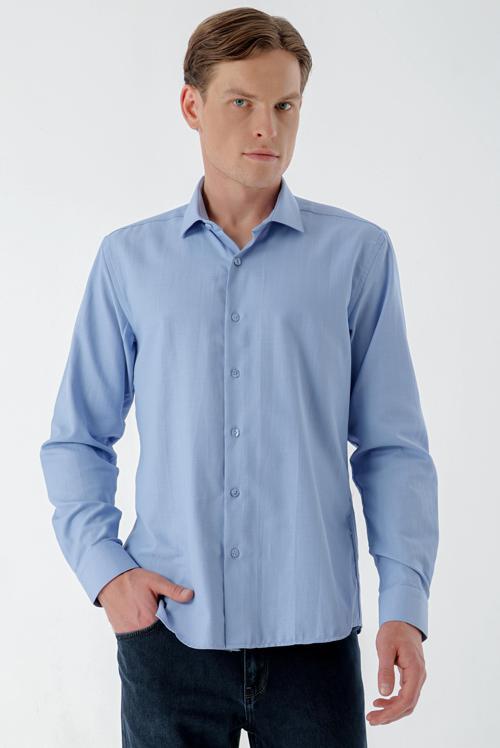 Erkek Mavi Trend Baskılı Desenli İtalyan Yaka Slim Fit Gömlek