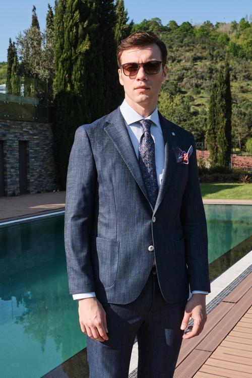  Erkek Lacivert Filafil Desenli Slim Fit Takım Elbise