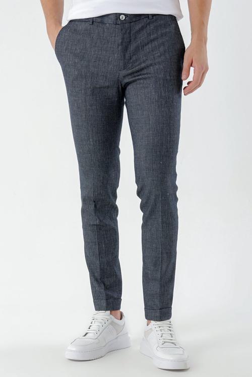  Erkek Lacivert Poliviskon-Keten Desenli Yandan Lastikli Slim Fit Pantolon